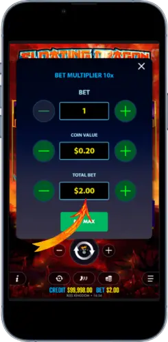 Bet settings panel with coin value and total bet controls