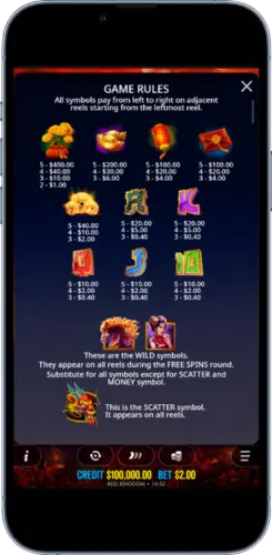 Floating Dragon Wild Horses paytable and game rules screen