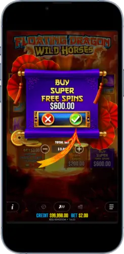 Buy Super Free Spins feature screen in Floating Dragon Wild Horses
