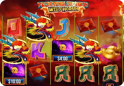 Floating Dragon Wild Horses slot gameplay screen with dragon wild symbols